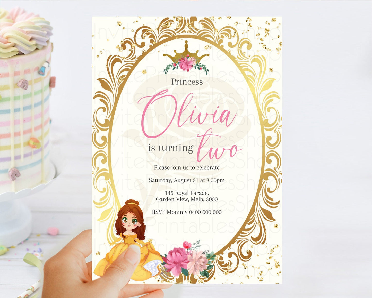 Princess Birthday Invitation Castle Invitation Royal Birthday Fairy Tale Enchanted Mirror Pastel Floral Garden 1st First Birthday D10739