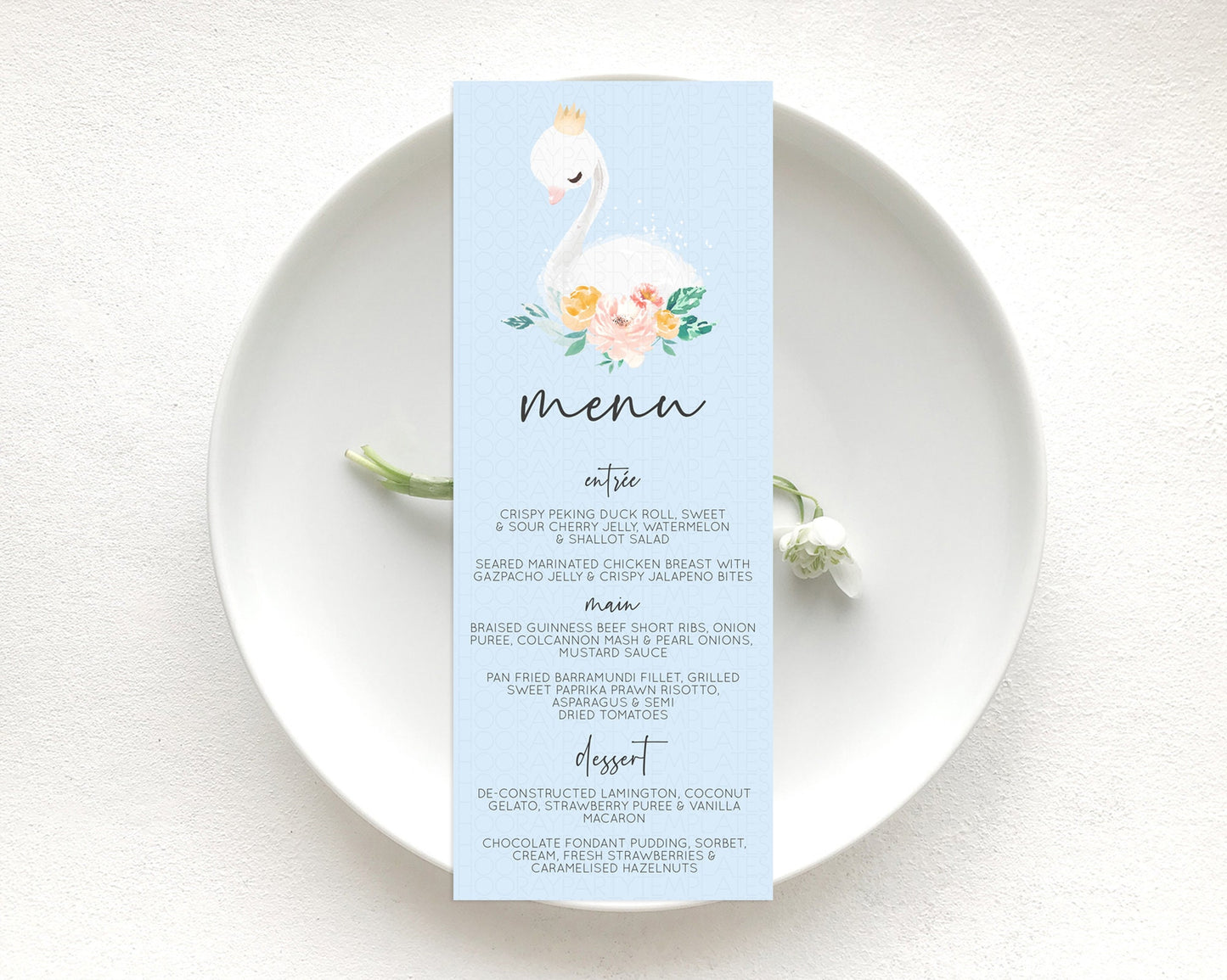 Swan Menu Swan Princess Ballet Menu Template Enchanted Swan Lake Table Decor Secret Garden Pastel Floral Dinner Dessert Food Menu  D10903