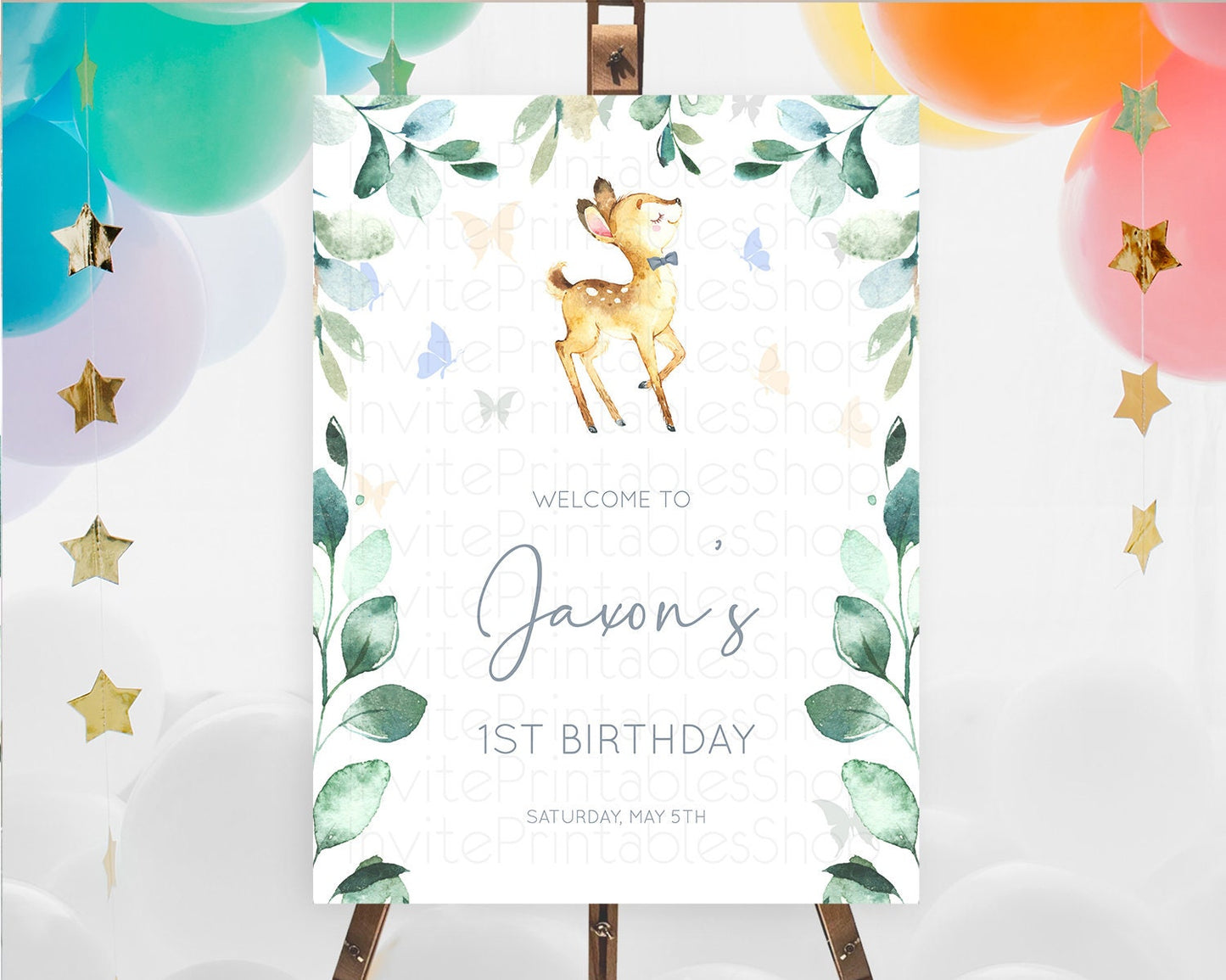Fawn Welcome Sign Deer Welcome Board Floral Deer Welcome Poster Enchanted Forest Butterfly Pastel Floral First Birthday Welcome Sign D10767