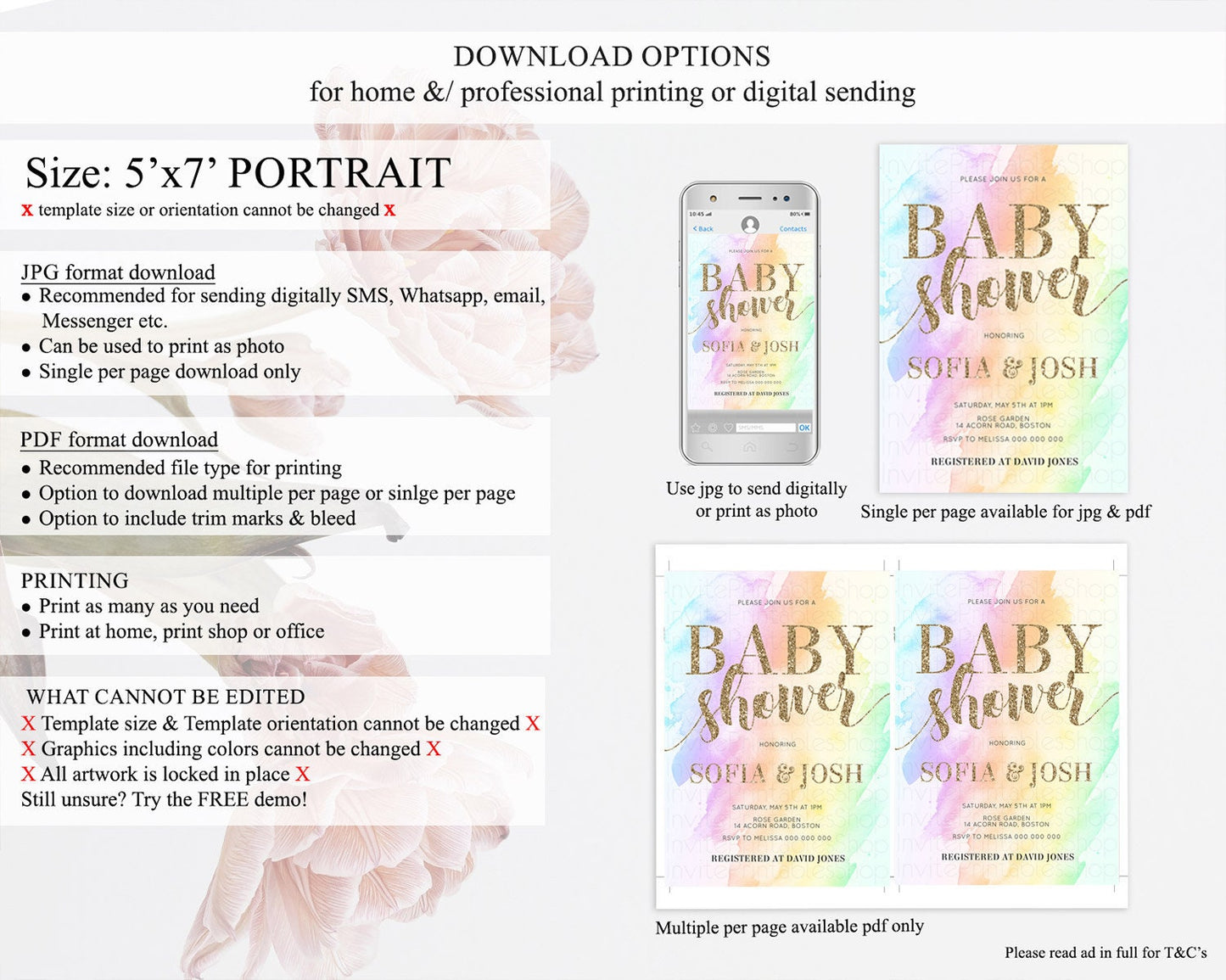 Pastel Baby Shower Invitation Rainbow Baby Shower Invitation Colorful Pastel Watercolor Invitation Gold Glitter Sprinkles Ombre D10643