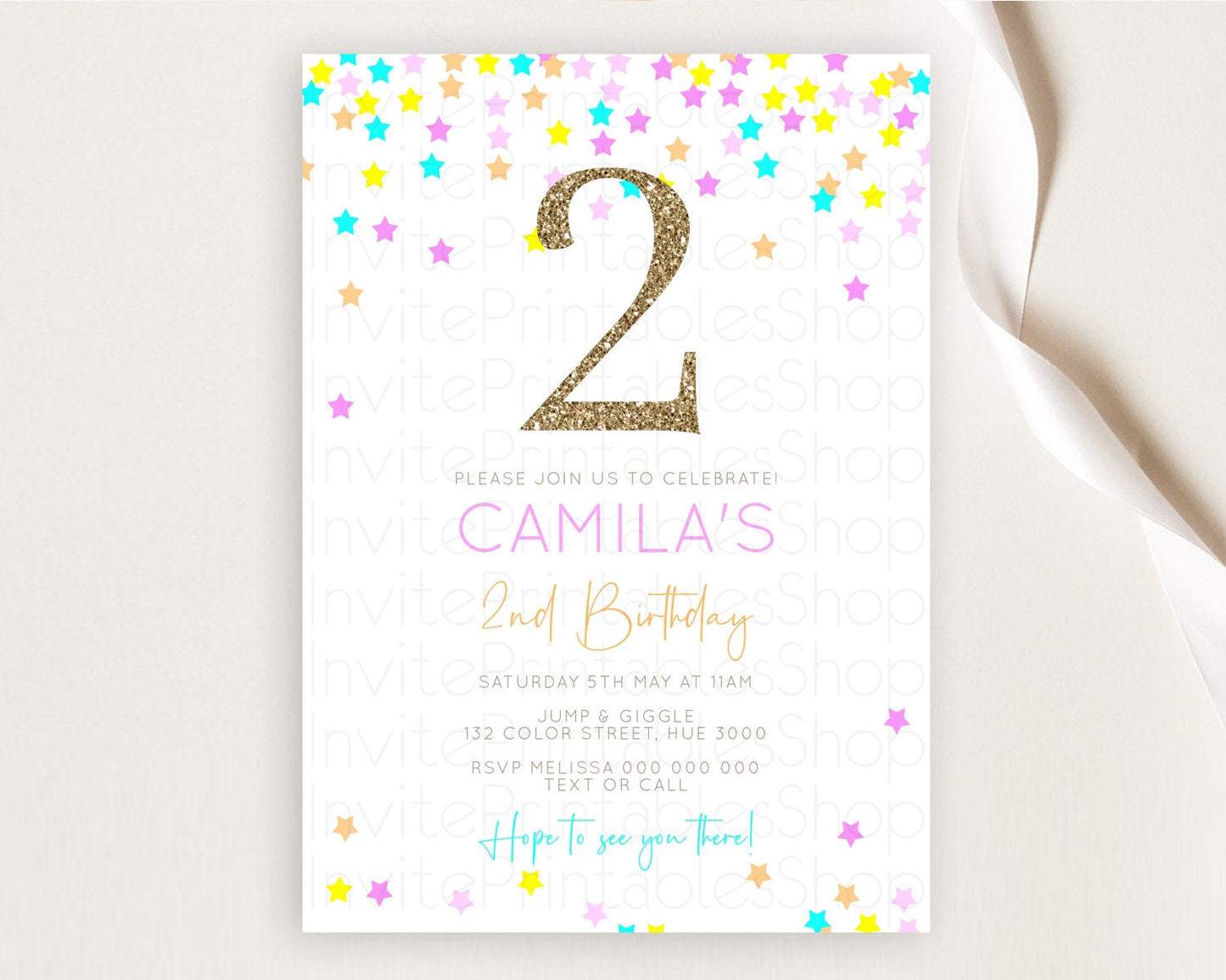 Star Birthday Invitation Pastel Stars Invite Shooting Star Party Rainbow Colorful Confetti Twinkle Little Star 2nd First Birthday D10397