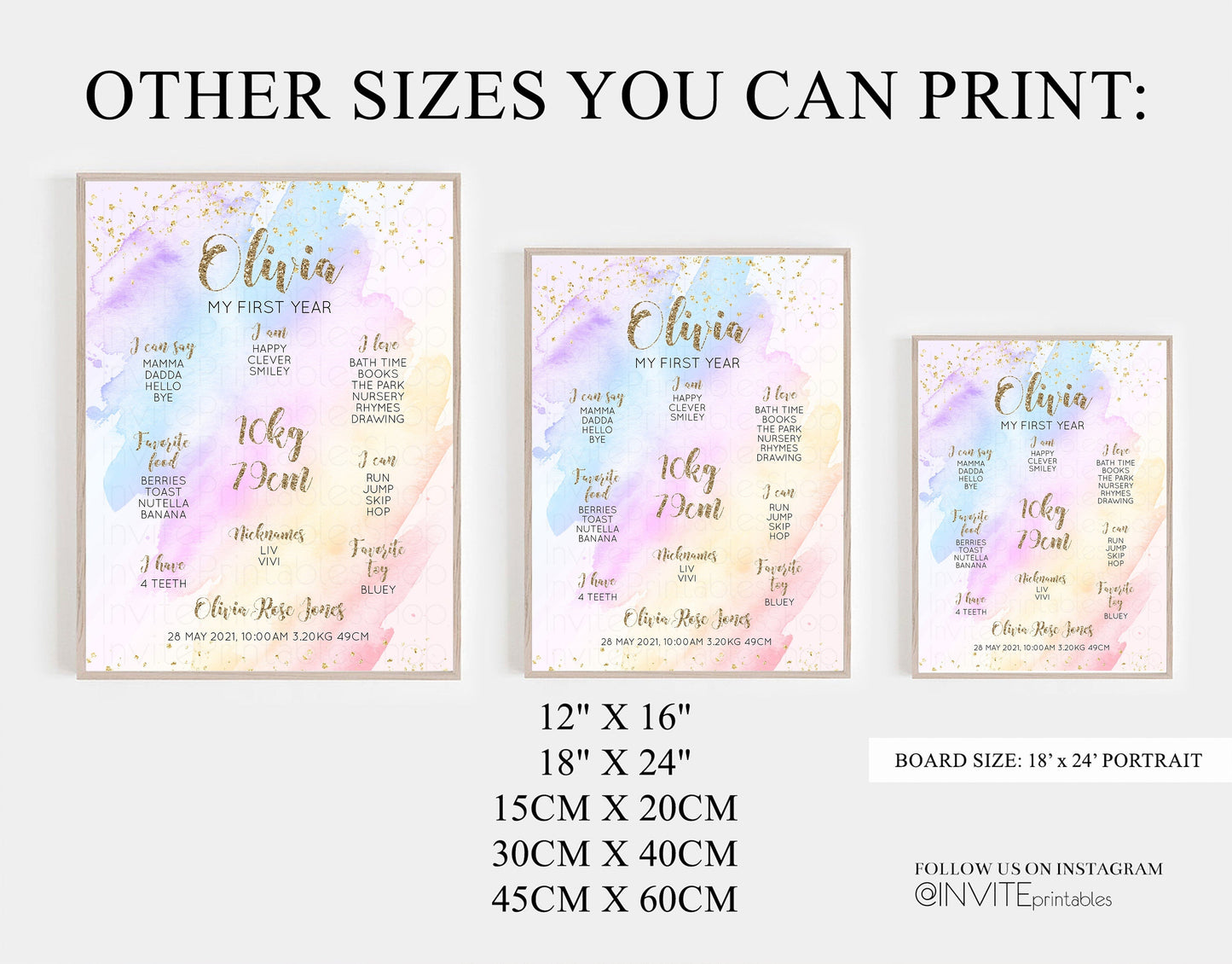 Pastel First Birthday Milestone Board Pastel Rainbow Milestone Poster Watercolor Glitter One Year Poster Colorful Splash Baby 1st Year g600