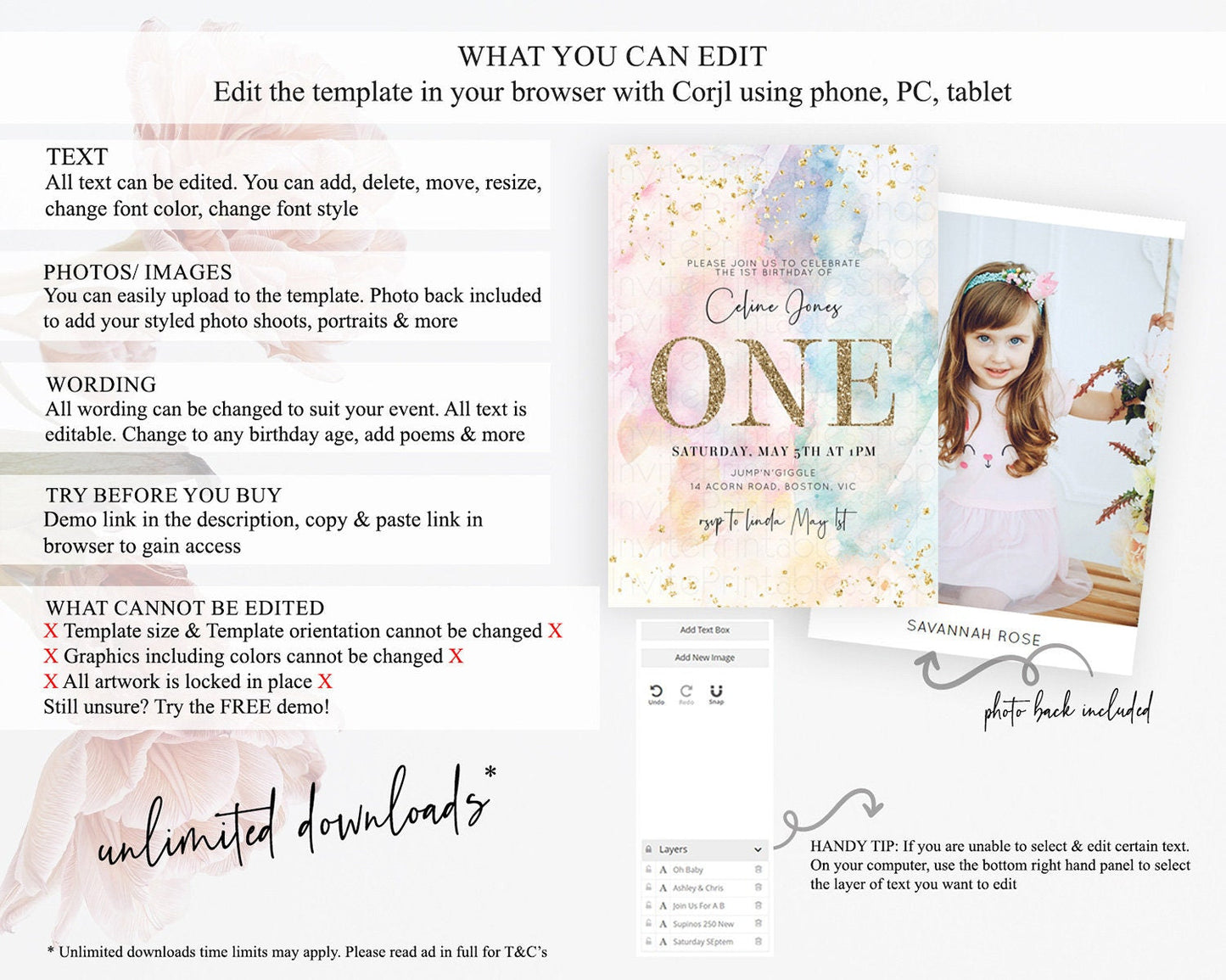 Rainbow Birthday Invitation Colorful Pastel Watercolor Invitation Gold Glitter Sprinkles Ombre Pastel 1st 2nd 3rd Birthday D10263