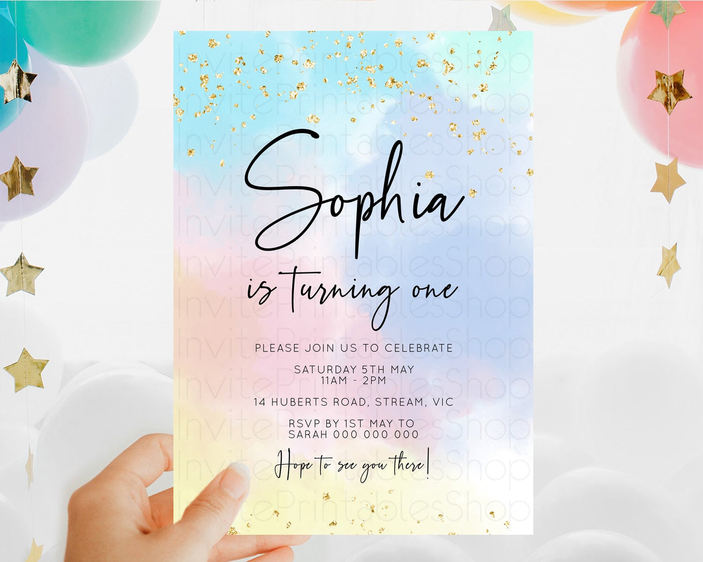 Rainbow Birthday Invitation Colorful Pastel Watercolor Invitation Gold Glitter Sprinkles Ombre Pastel 1st 2nd 3rd Birthday D10368