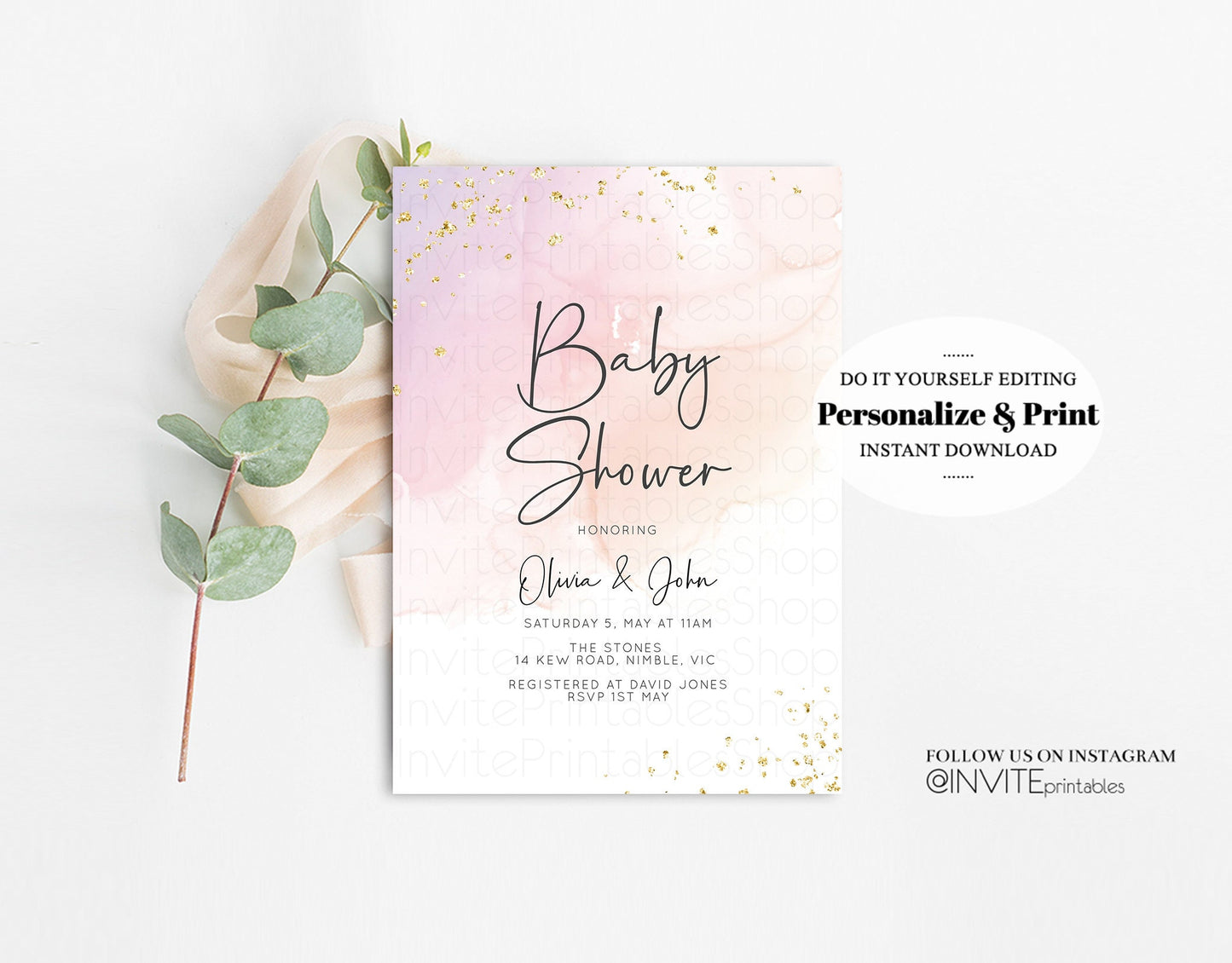 Pastel Pink Baby Shower Invitation Watercolor Ink Gold Glitter Foil Sprinkles Confetti Splash It's a Girl Invite Editable Instant Download