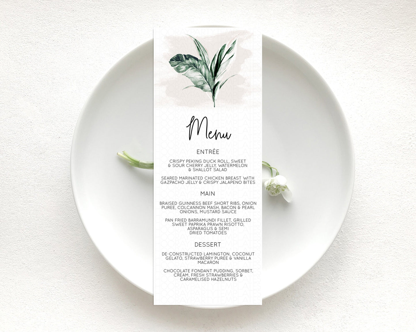 Tropical Menu Template Tropical Menu Palm Leaf Fern Table Decor Frangipani Floral White Orchid Dinner Dessert Menu Party Food Menu D11051