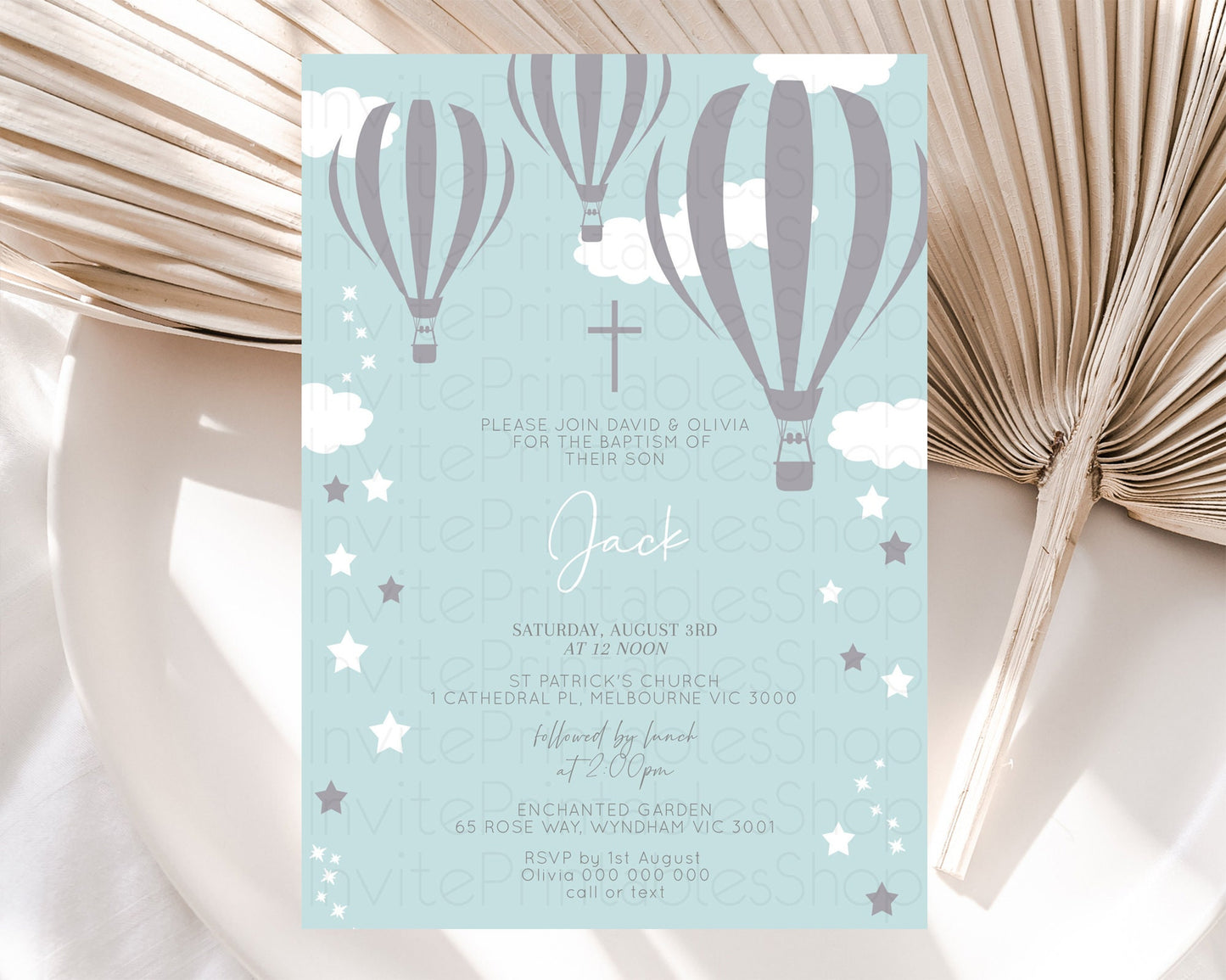 Hot Air Balloon Baptism Invitation Hot Air Balloon Baptism Birthday Invitation Adventure Awaits Up Up Away Glitter Blue Watercolor D10324