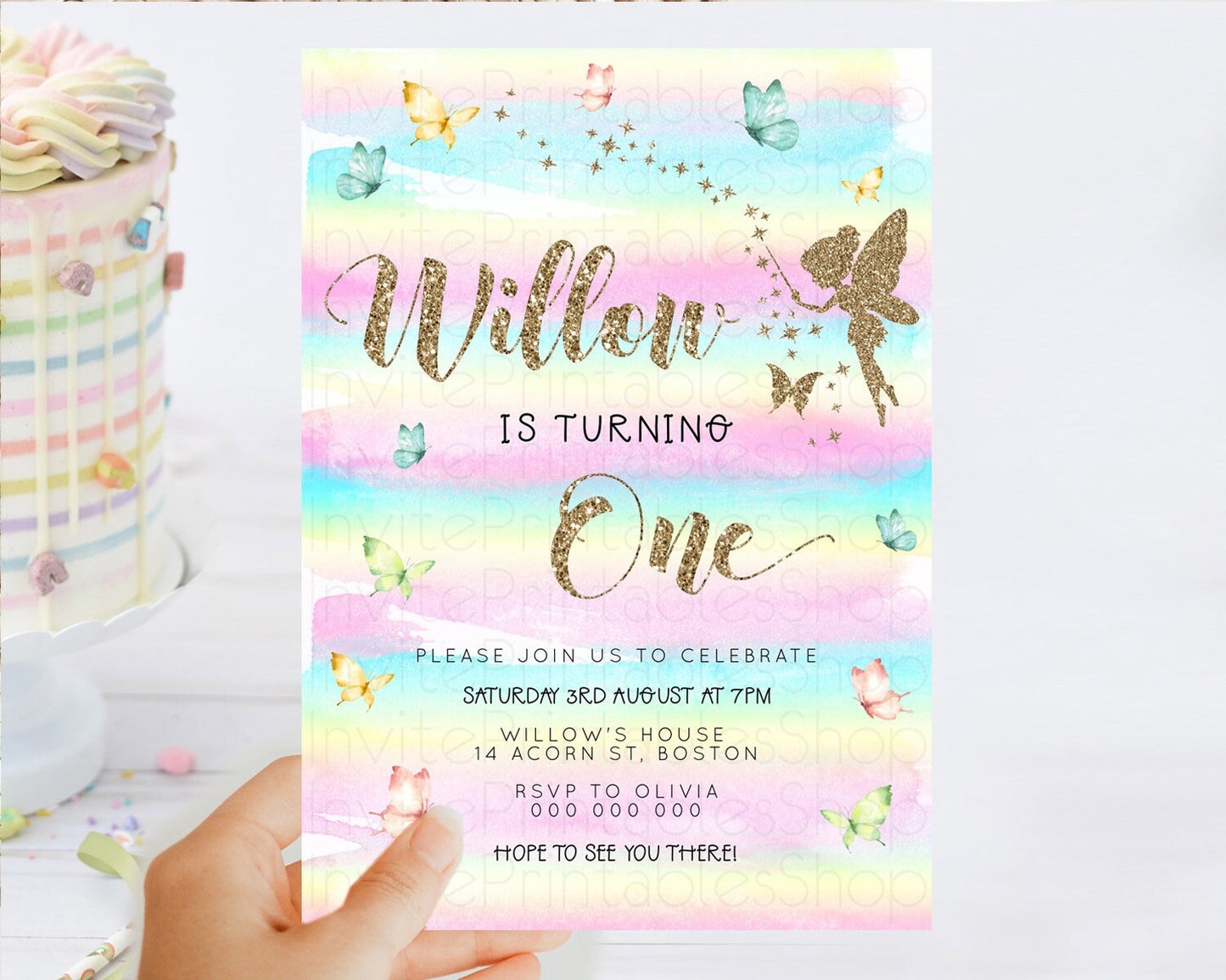 Pastel Fairy Birthday Invitation Pastel Butterflies Fairy Birthday Invitation Rainbow Ombre Watercolor 1st 2nd Birthday Invitation D23312