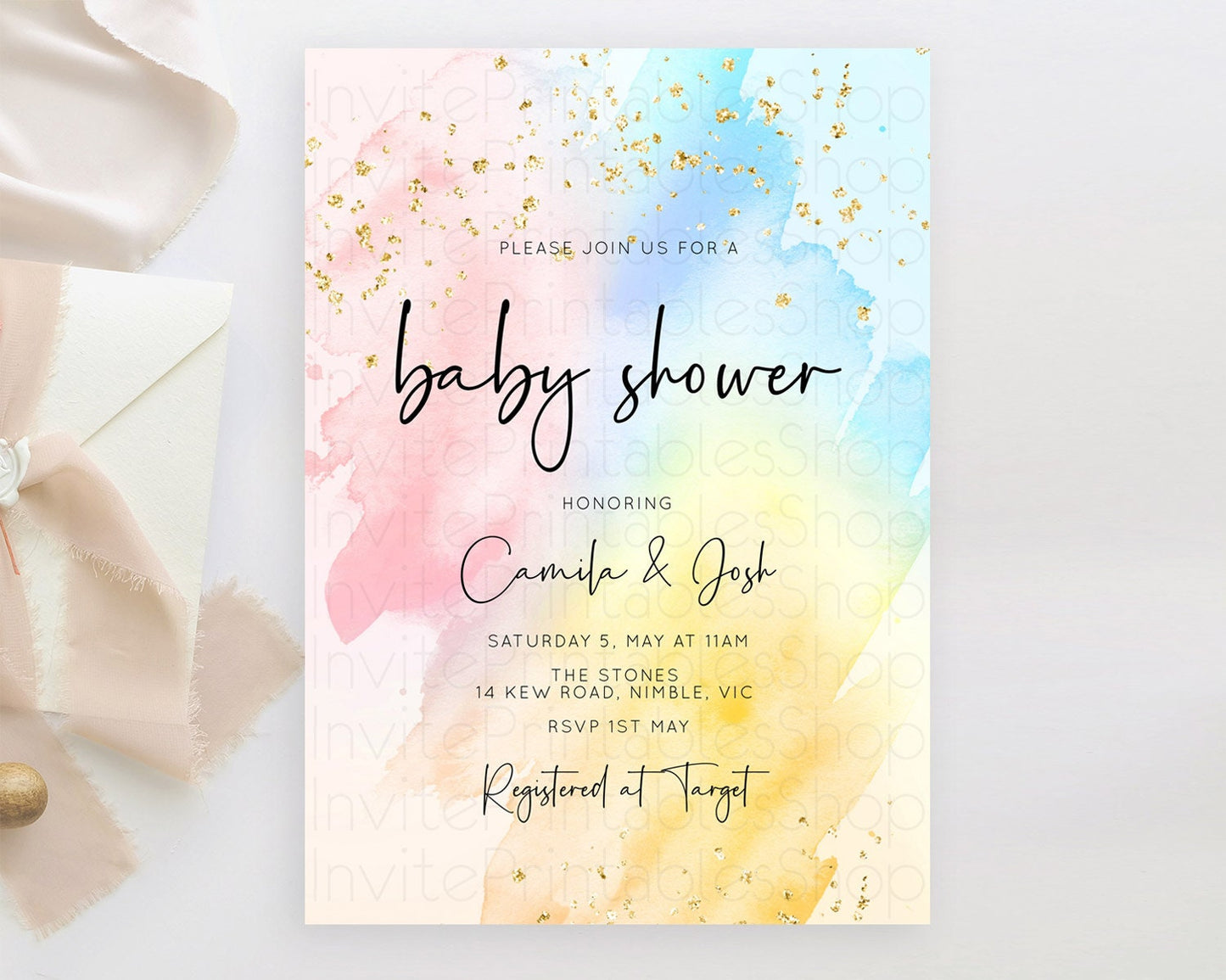 Pastel Baby Shower Invitation Rainbow Baby Shower Invitation Colorful Pastel Watercolor Invitation Gold Glitter Sprinkles Ombre D10557