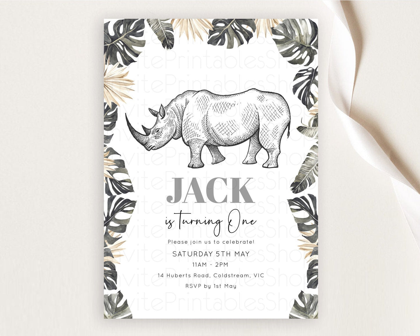 Rhino Birthday Invitation Rhino Invitation Rhino Birthday Rhino Safari Adventure Invite Rhino Palm Leaf Invite Zoo Party D10826