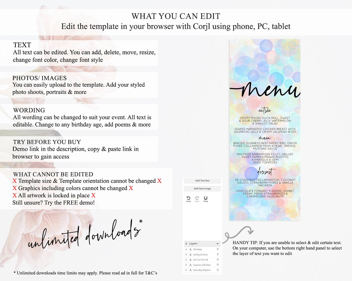 Pastel Menu Bubbles Menu Template Bubble Bath Table Decor Rainbow Pastel Colorful Confetti Dinner Dessert Menu Party Food Menu D10444