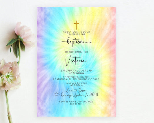 Editable Tie Dye Baptism Invitation Rainbow Baptism 1st Birthday Invitation