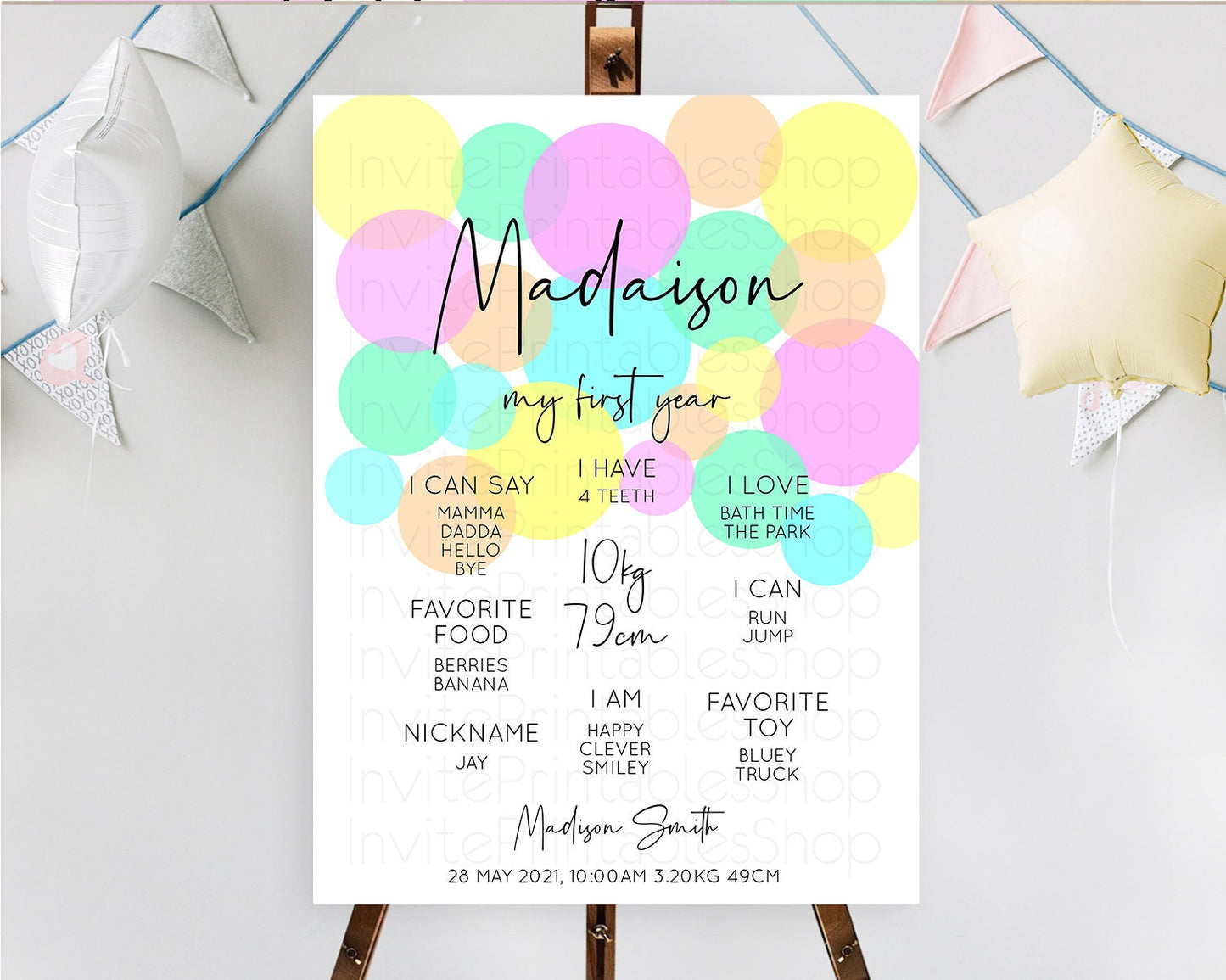 Pastel First Birthday Milestone Poster Pastel Rainbow Confetti First Birthday Milestone Board Colorful Bubbles Birthday Welcome Sign D10409
