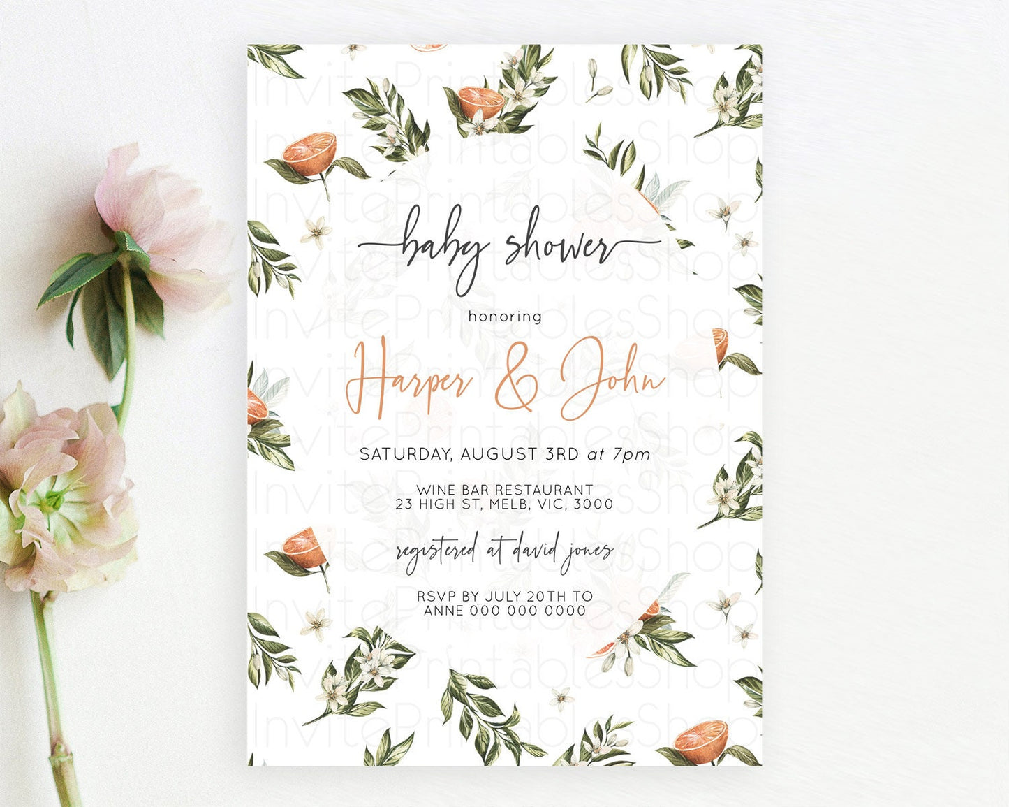 Citrus Baby Shower Invitation Orange Lemon Invitation Citrus Floral Garden Theme Citrus Floral Watercolor Invitation D10545