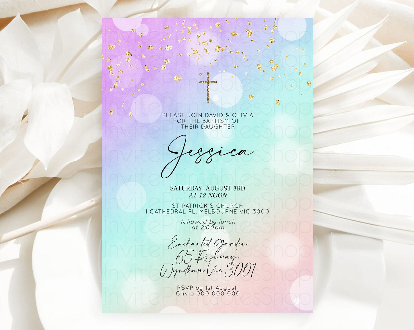 Pastel Baptism Invitation Pastel Colors Watercolor Baptism 1st Birthday Party Gold Ombre Pastel Rainbow Christening Holy Communion D10618