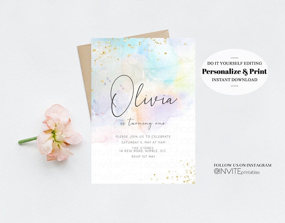 Watercolor Birthday Invitation Colorful Pastel Rainbow Splash Ombre Ink Paint Purple Blue Yellow Modern Simple Custom Printable 136