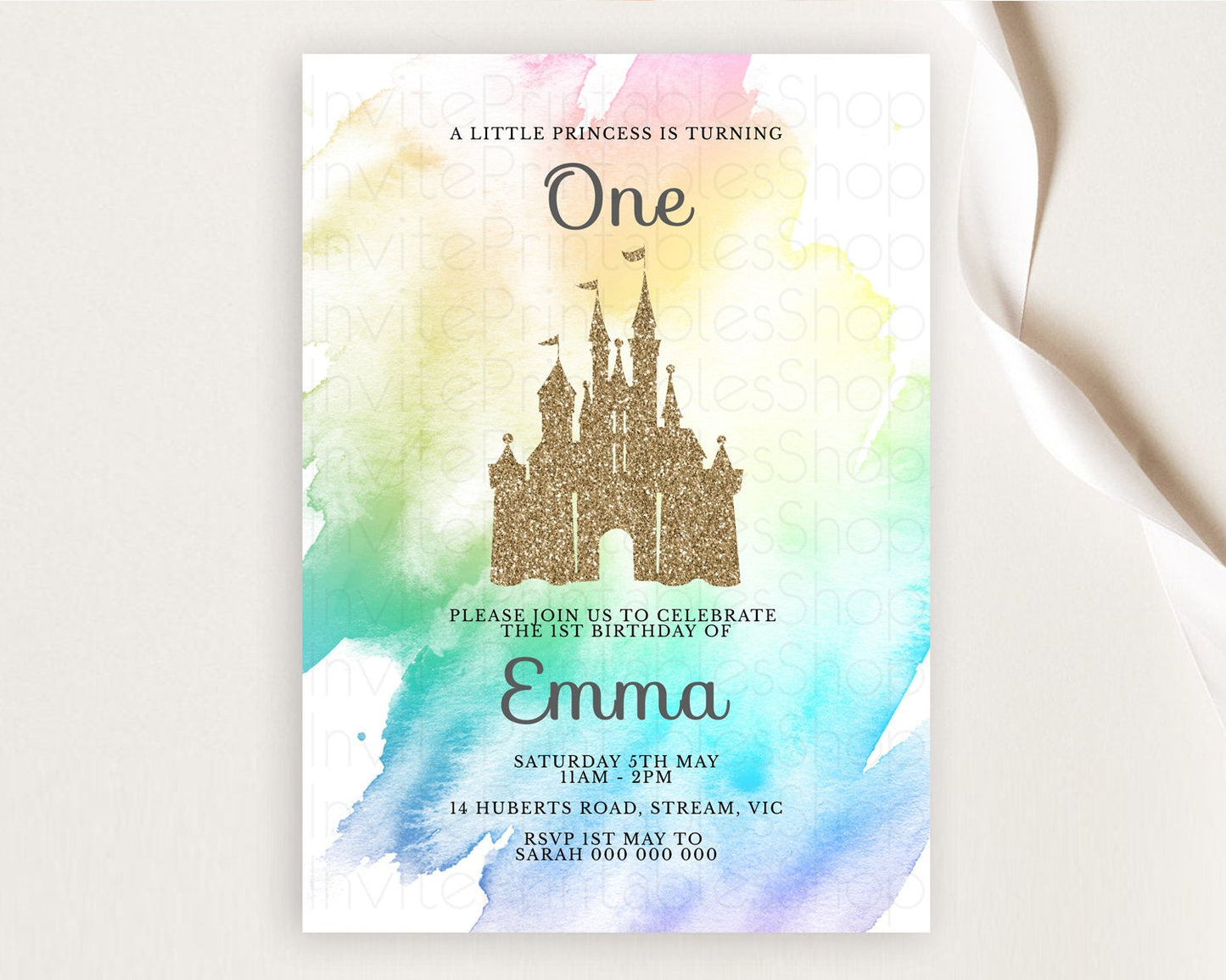 Princess Birthday Invitation Princess Invitation Pastel Invitation Royal Birthday Rainbow Color Enchanted Castle 1st First Birthday D10833