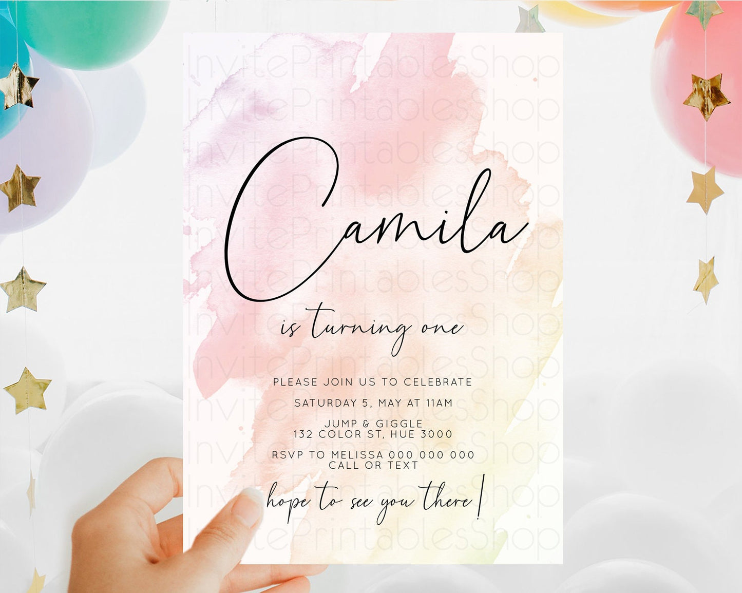 Pink Birthday Invitation pink Watercolor Invitation Pastel pink Watercolor Invitation pink Splash Gold Invitation 1st First Birthday D10164