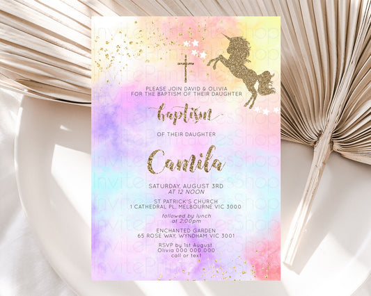 Unicorn Rainbow Baptism Invitation Pastel Baptism Birthday Invitation Magical Ombre Christening Invite Colorful Watercolor Glitter D10435