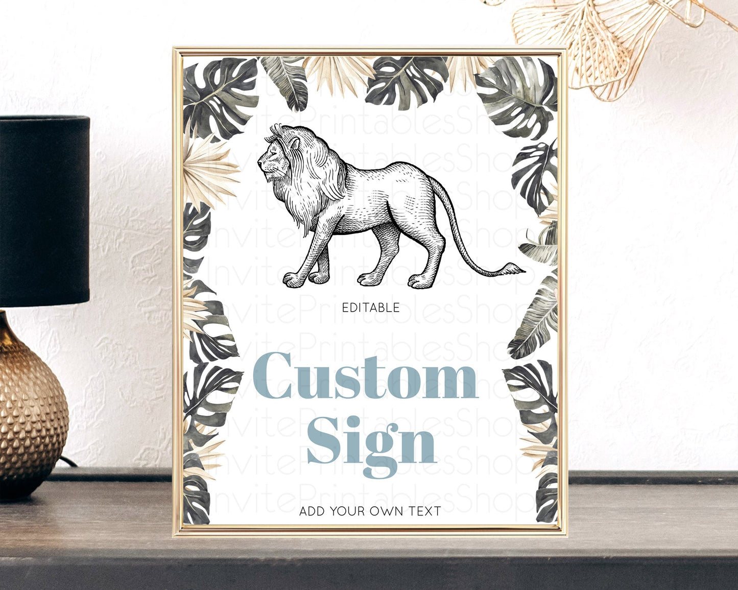 Lion Table Sign Decor Lion Safari Adventure Party Dried Palm Ferns Zoo 1st Birthday Baptism Baby Shower Bridal Shower Wedding D10807