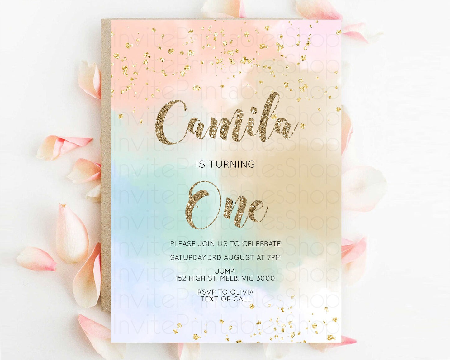 Rainbow Birthday Invitation Colorful Pastel Watercolor Invitation Gold Glitter Sprinkles Ombre Pastel 1st 2nd 3rd Birthday D10377
