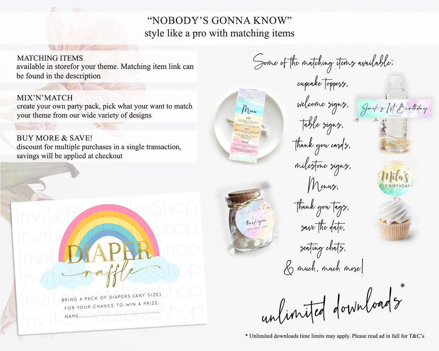 Pastel Rainbow Diaper Raffle Card Boho Rainbow Diaper Insert Boho Rainbow Diaper Ticket Pastel Watercolor Baby Shower Raffle Game D10123