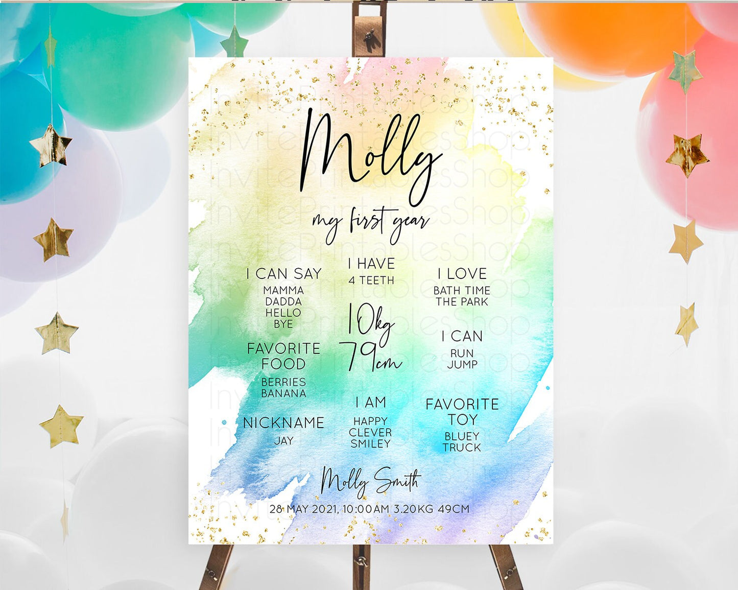 Pastel First Birthday Milestone Board Pastel Rainbow Milestone Poster Colorful Confetti Watercolor Glitter 1st Birthday Welcome Sign D10256