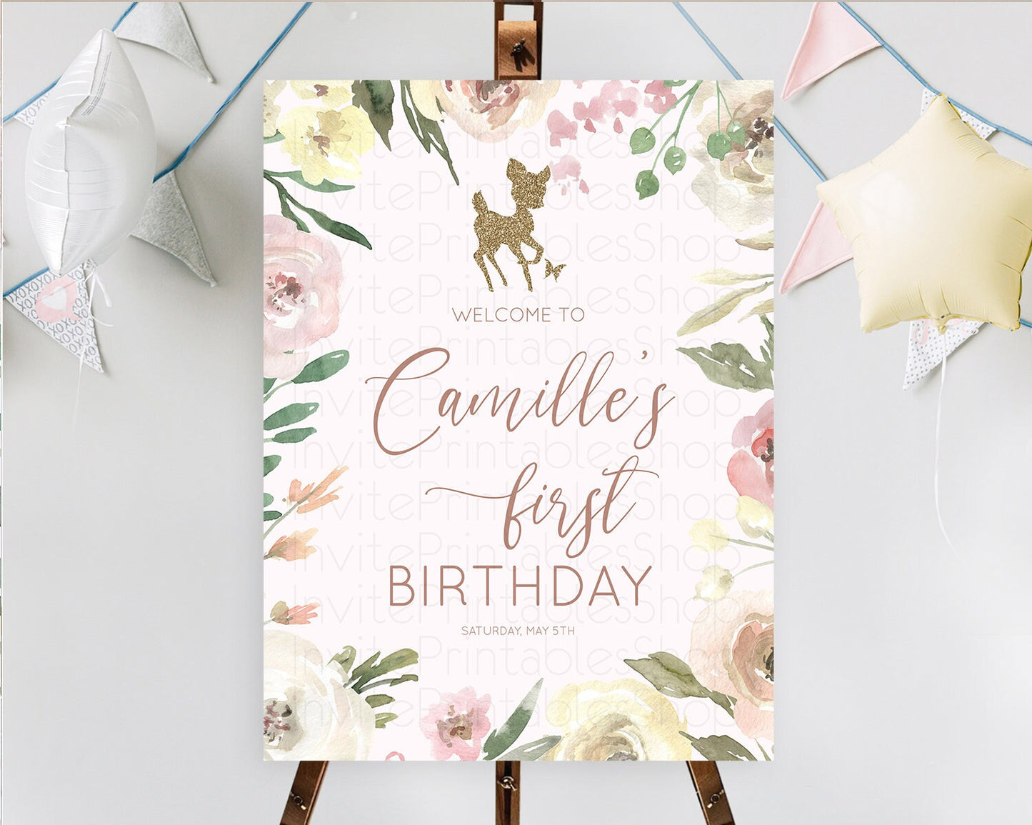 Fawn Welcome Sign Deer Welcome Board Floral Deer Welcome Poster Enchanted Forest Butterfly Pastel Floral First Birthday Welcome Sign D10193