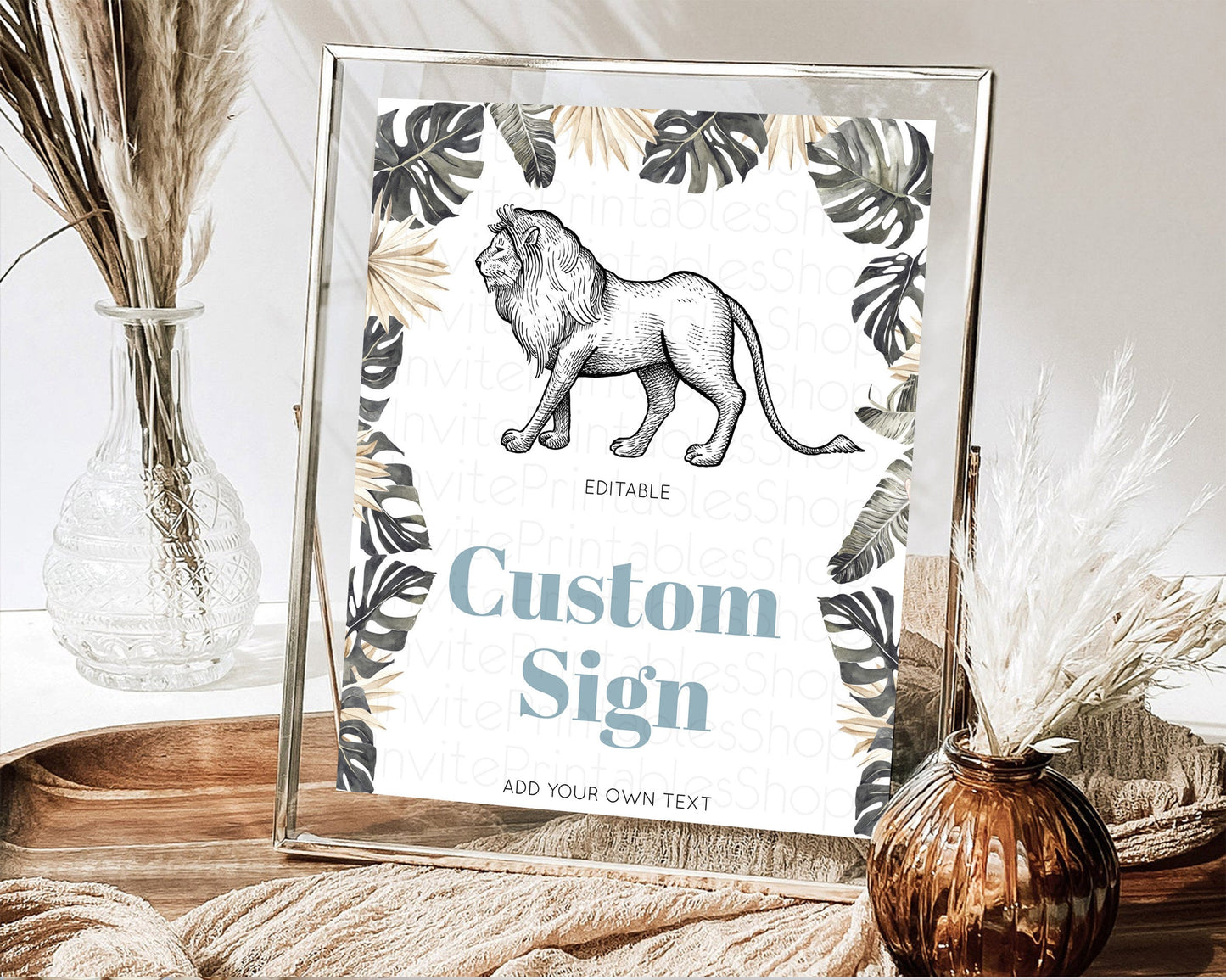 Editable Lion Table Sign Decor Lion Safari Adventure Party Dried Palm Ferns