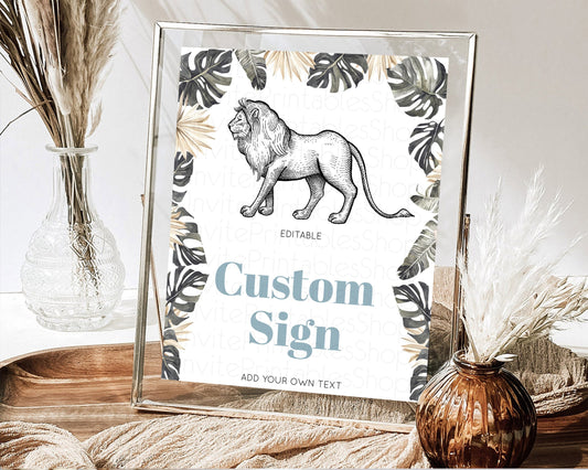Editable Lion Table Sign Decor Lion Safari Adventure Party Dried Palm Ferns