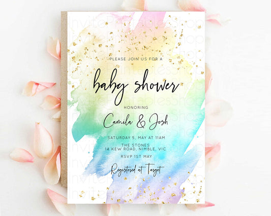Editable Pastel Rainbow Baby Shower Invitation, Colorful Watercolor with Gol