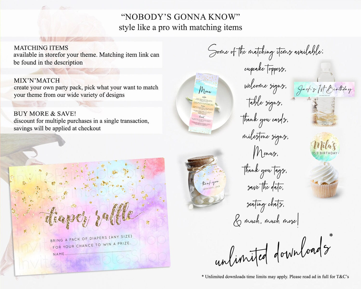 Pastel Diaper Raffle Card Pastel Rainbow Diaper Raffle Insert Colorful Ombre Watercolor Diaper Ticket Confetti Glitter Raffle Game D10435