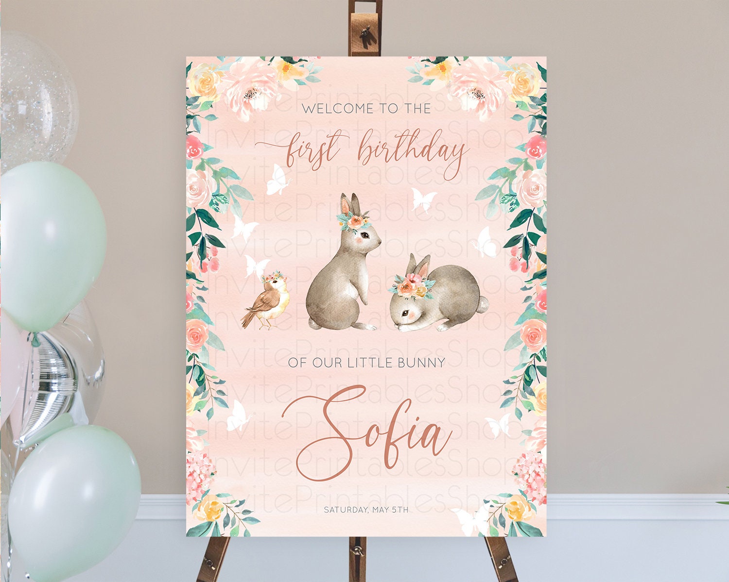 Editable Bunny Welcome Sign Floral Bunny Welcome Board Pastel Flowers Woodla
