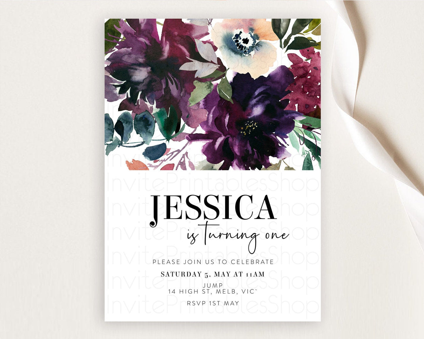 Secret Garden Wildflower Birthday Invitation, Pastel Burgundy Flowers, Boho Floral, 1st, 2nd, 3rd Birthday, D11062