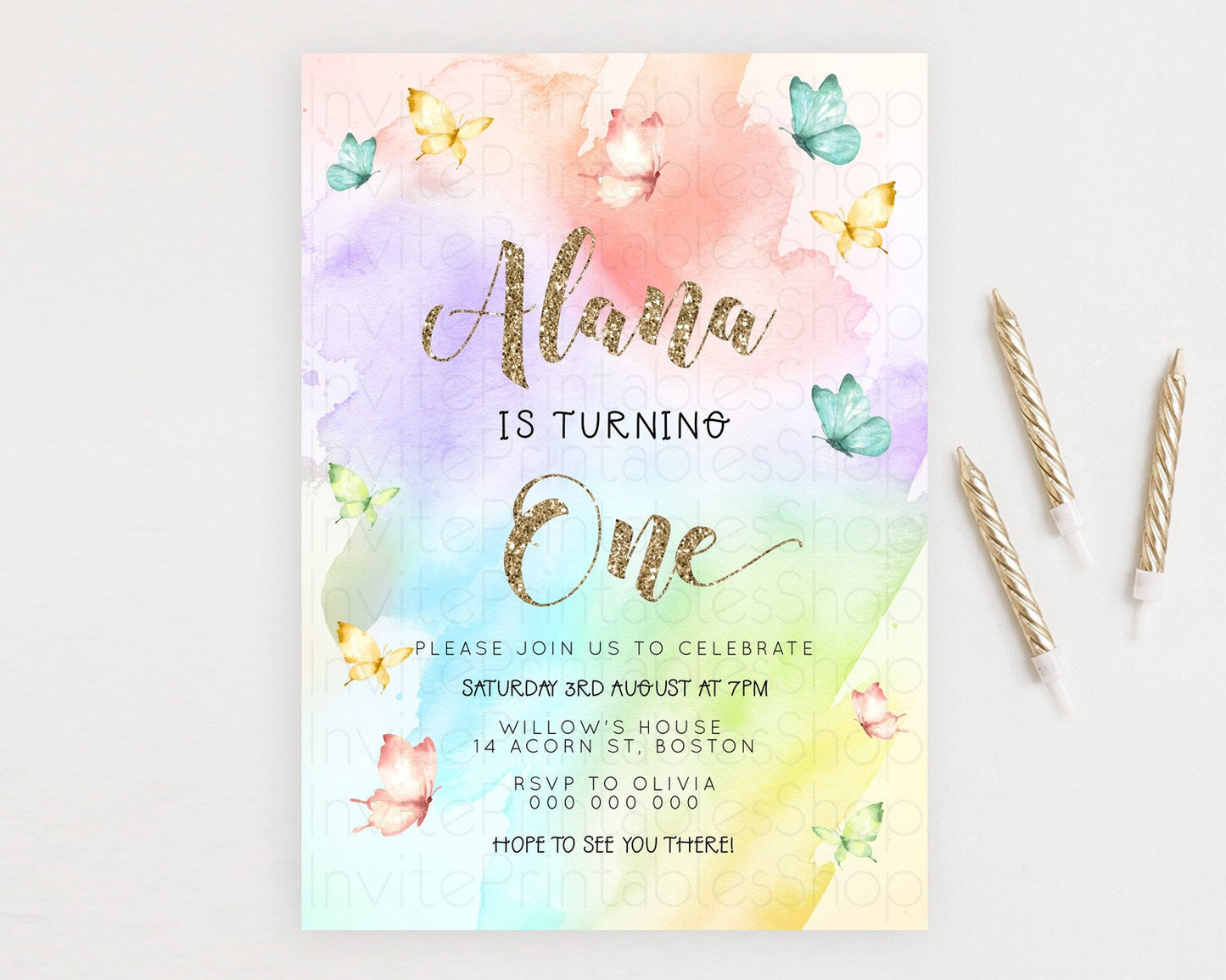 Pastel Butterfly Birthday Invitation Butterfly Birthday Invitation Colorful Splash Glitter Butterfly Garden 1st 2nd Birthday D23255
