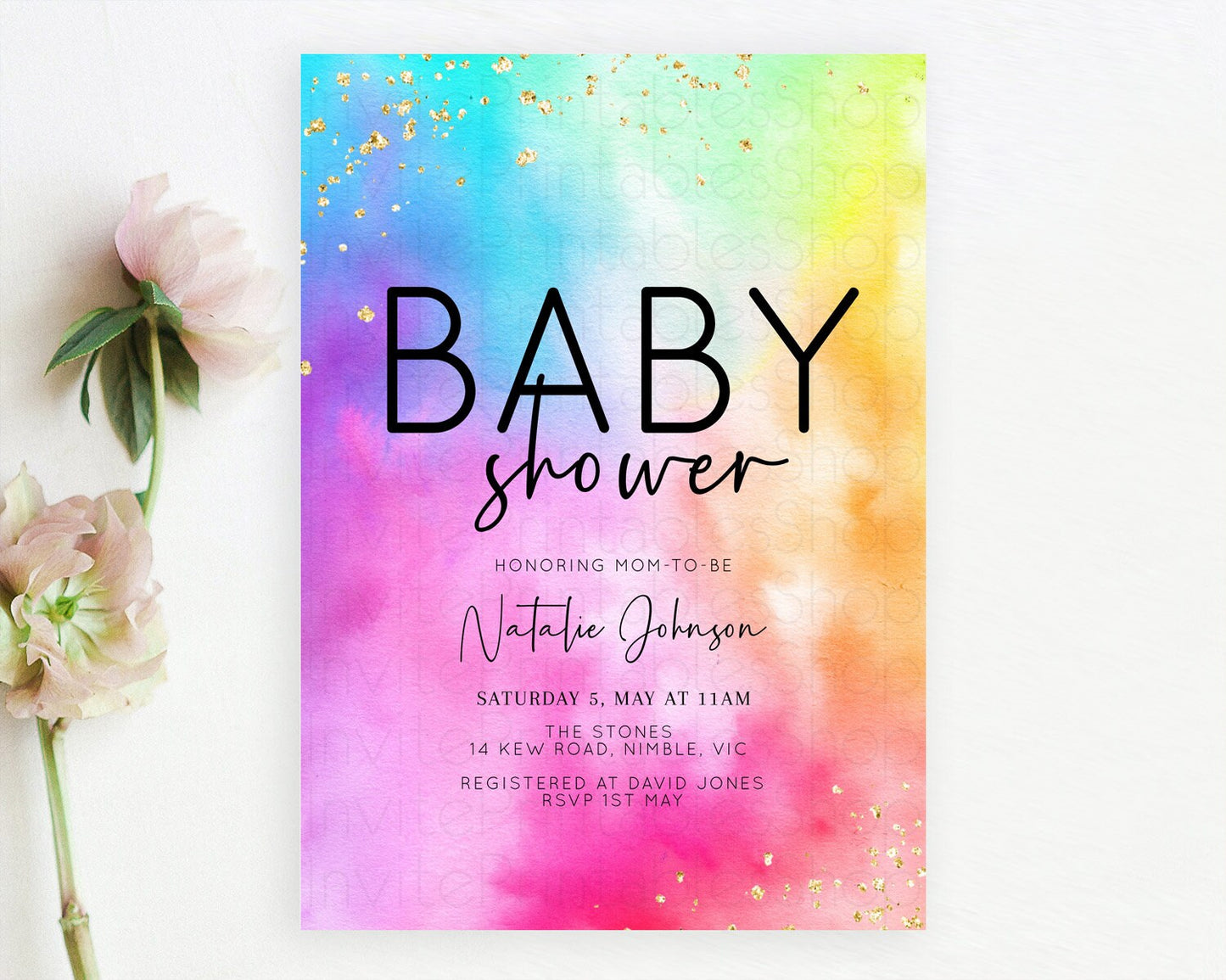 Pastel Baby Shower Invitation Rainbow Baby Shower Invitation Colorful Pastel Watercolor Invitation Gold Glitter Sprinkles Ombre D10456