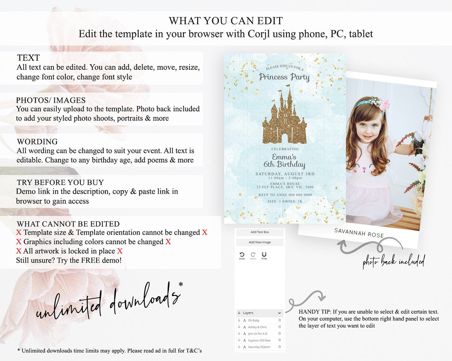 Princess Birthday Invitation Princess Invitation Pastel Invitation Royal Birthday Rainbow Color Enchanted Castle 1st First Birthday D10702