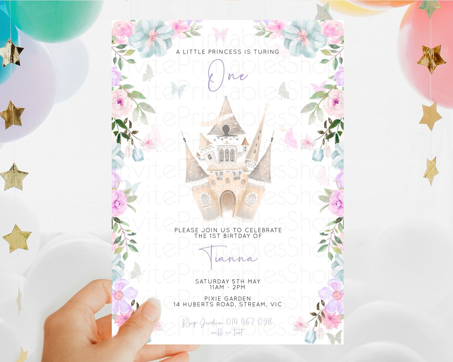 Princess Birthday Invitation Castle Invitation Royal Birthday Fairy Tale Enchanted Castle Pastel Floral Garden 1st First Birthday D10471