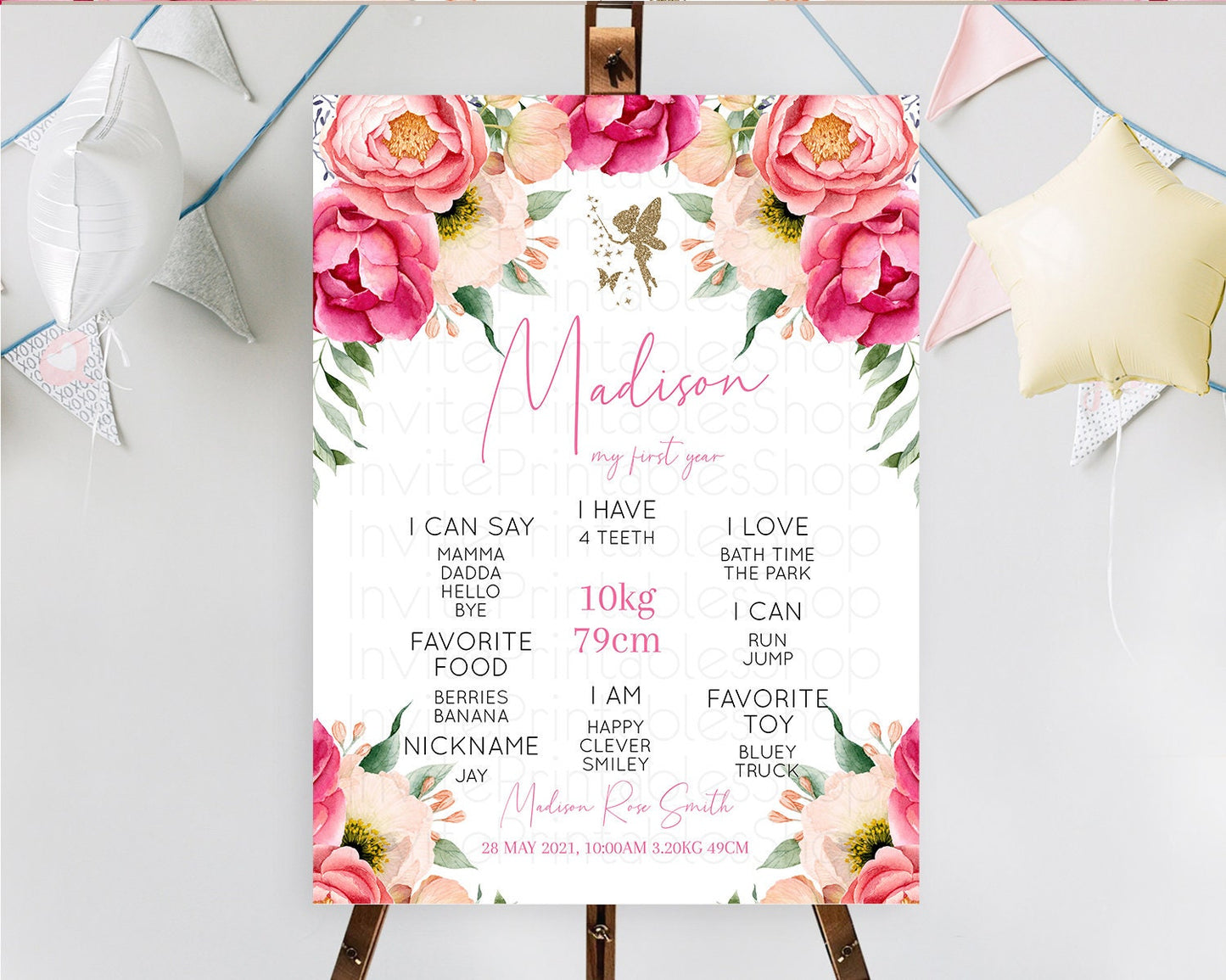 Fairy First Birthday Milestone Poster Fairy Secret Garden Milestone Board Enchanted Garden Pastel Floral Butterfly 1st Birthday Sign D10883