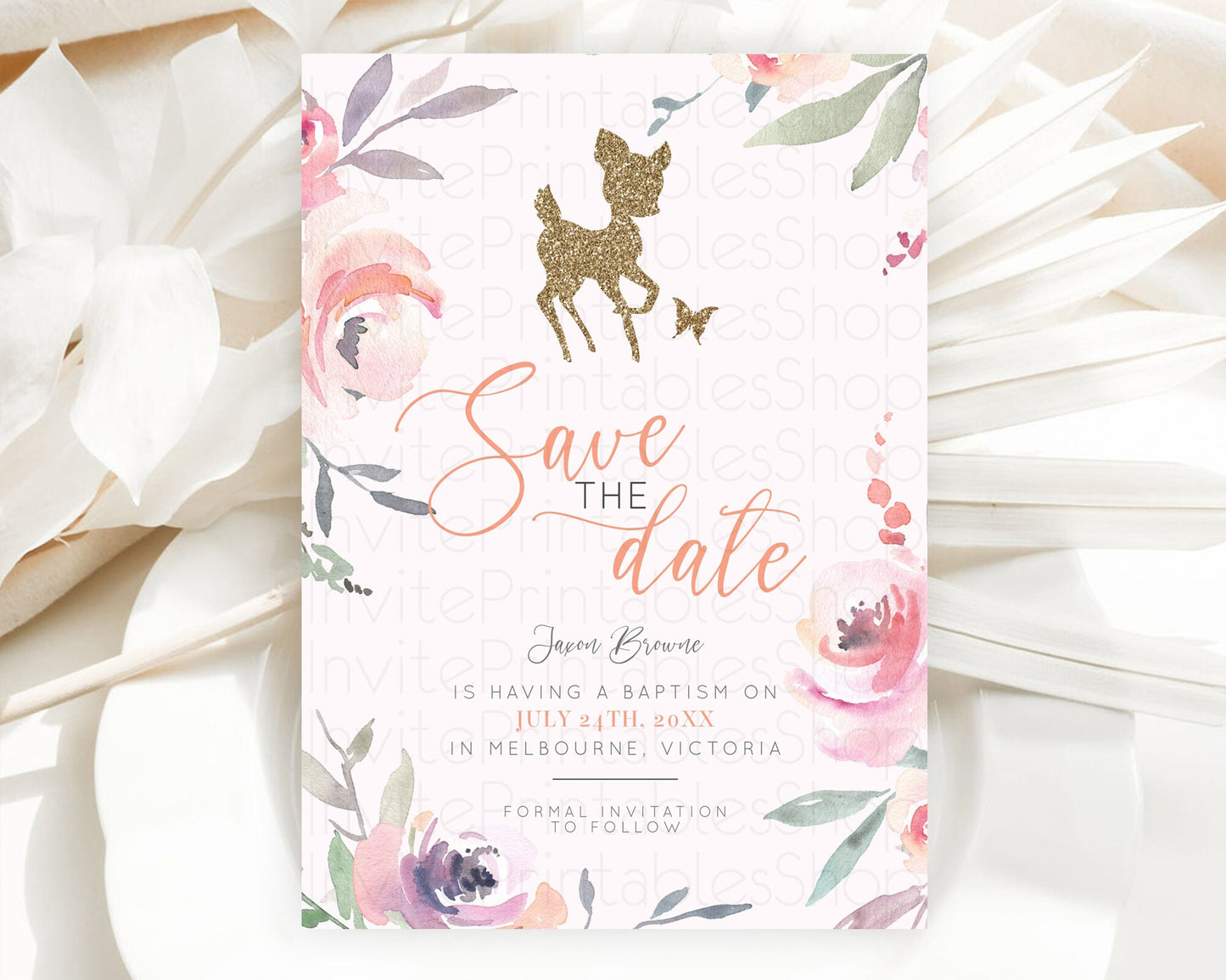 Fawn Deer Save The Date Template Pastel Floral Deer Enchanted Forest Butterfly Party 1st Birthday Baptism Baby Shower Bridal Shower D10196