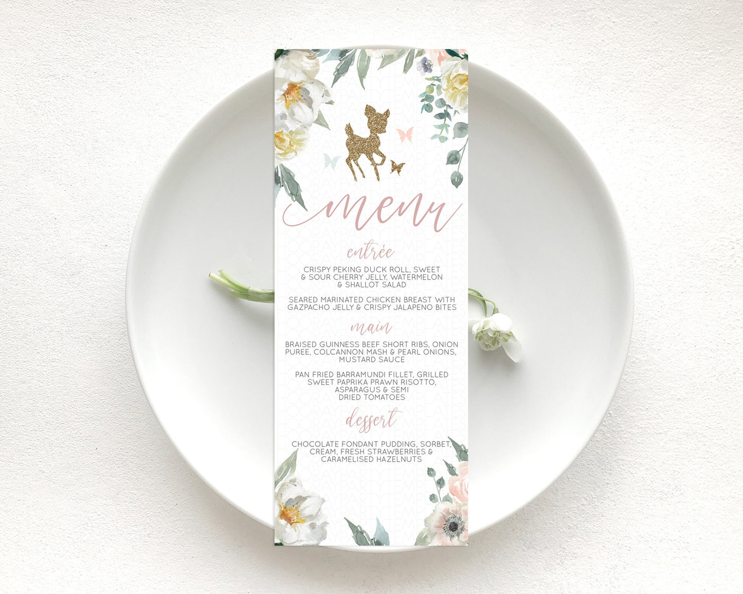 Fawn Menu Deer Menu Template Pastel Floral Deer Table Decor Enchanted Forest Butterfly Floral Dinner Dessert Menu Party Food Menu D10120