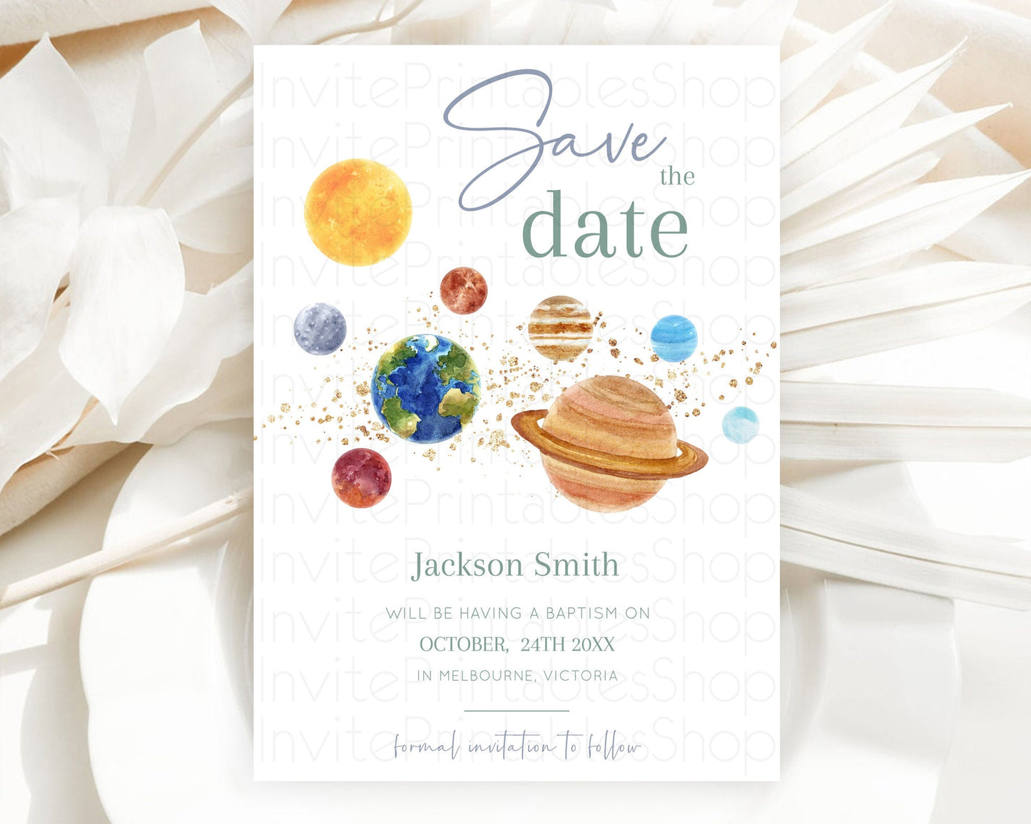 Space Save The Date Template Space Adventure Party First Trip Around the Sun Planets Solar System 1st Birthday Baptism Baby Shower  D10598