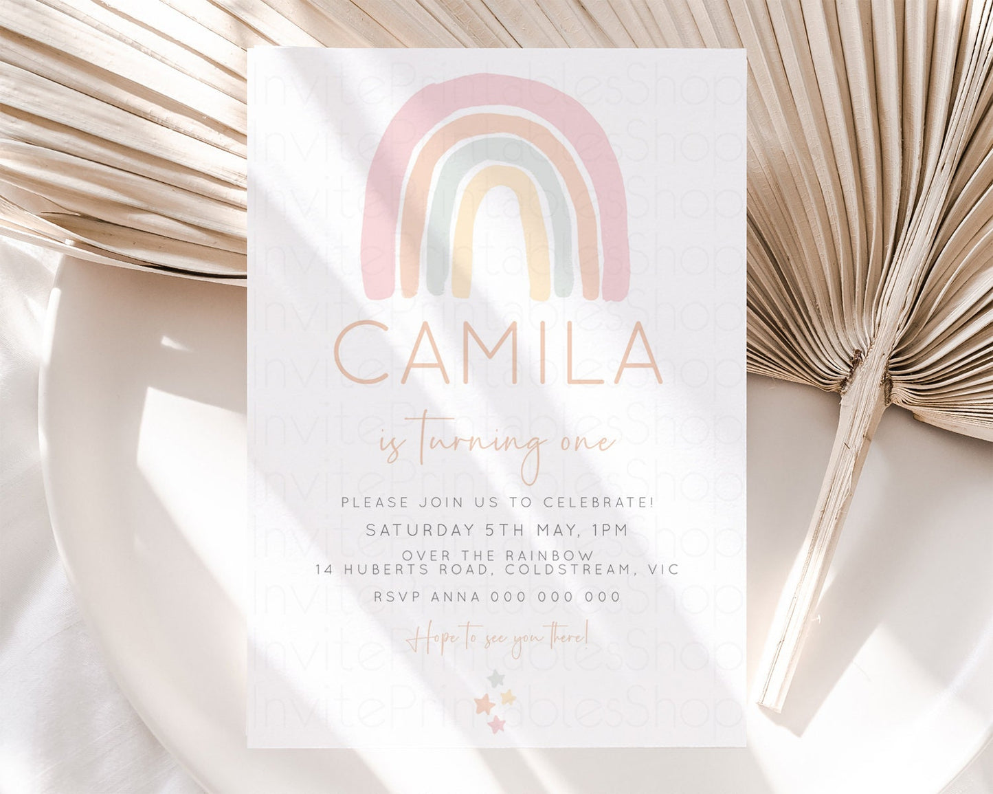 Boho Rainbow Birthday Invitation Colorful Pastel Invitation Heart Rainbow Invite Watercolor Orange Green Blue Pink 1st 2nd 3rd Birthday 14