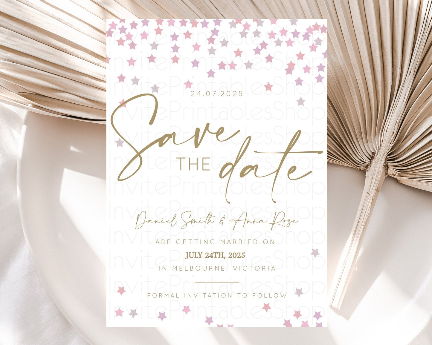 Twinkle Stars Save The Date Template Pastel Twinkle Little Star Party Shooting Star Confetti Sprinkles Birthday Baptism Baby Shower D10344