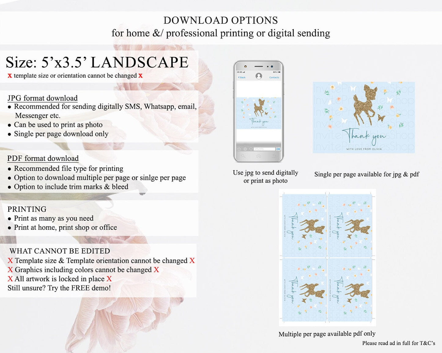 Fawn Thank You Deer Thank You Card Pastel Floral Deer Birthday Thank You Card Enchanted Forest Butterfly Deer Teacher Thank You Card D10902