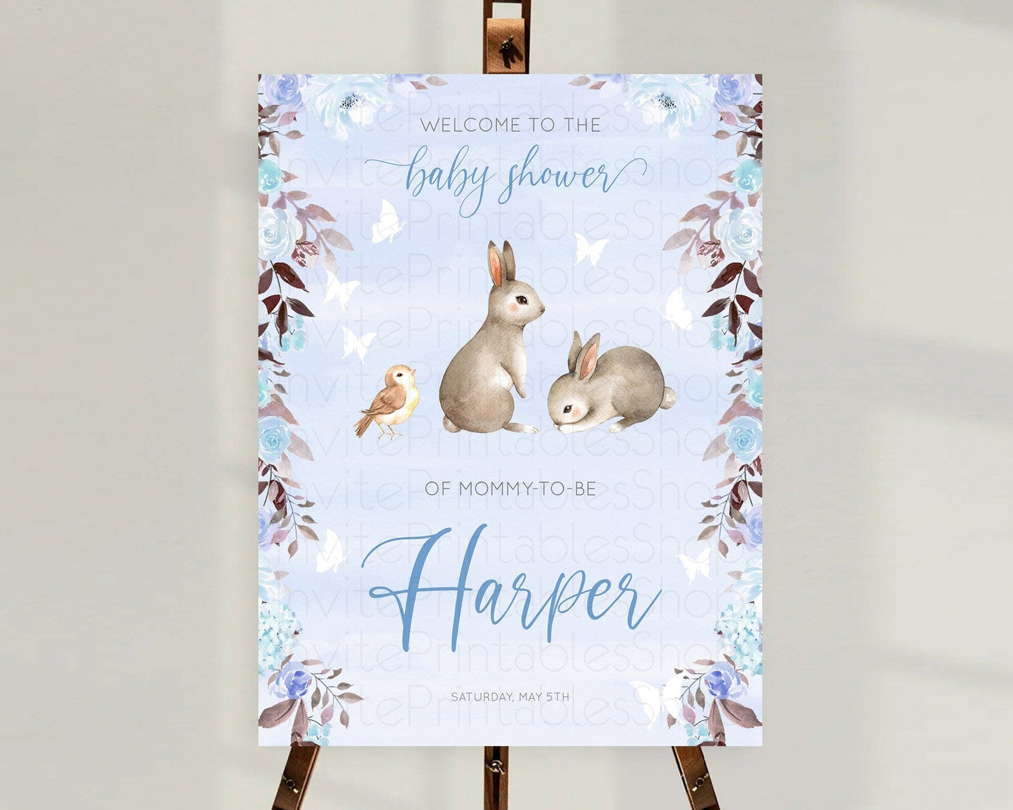 Bunny Baby Shower Welcome Sign Floral Bunny Welcome Board Pastel Flowers Woodland Bunny Welcome Poster Forest Bunny Welcome Sign D10923