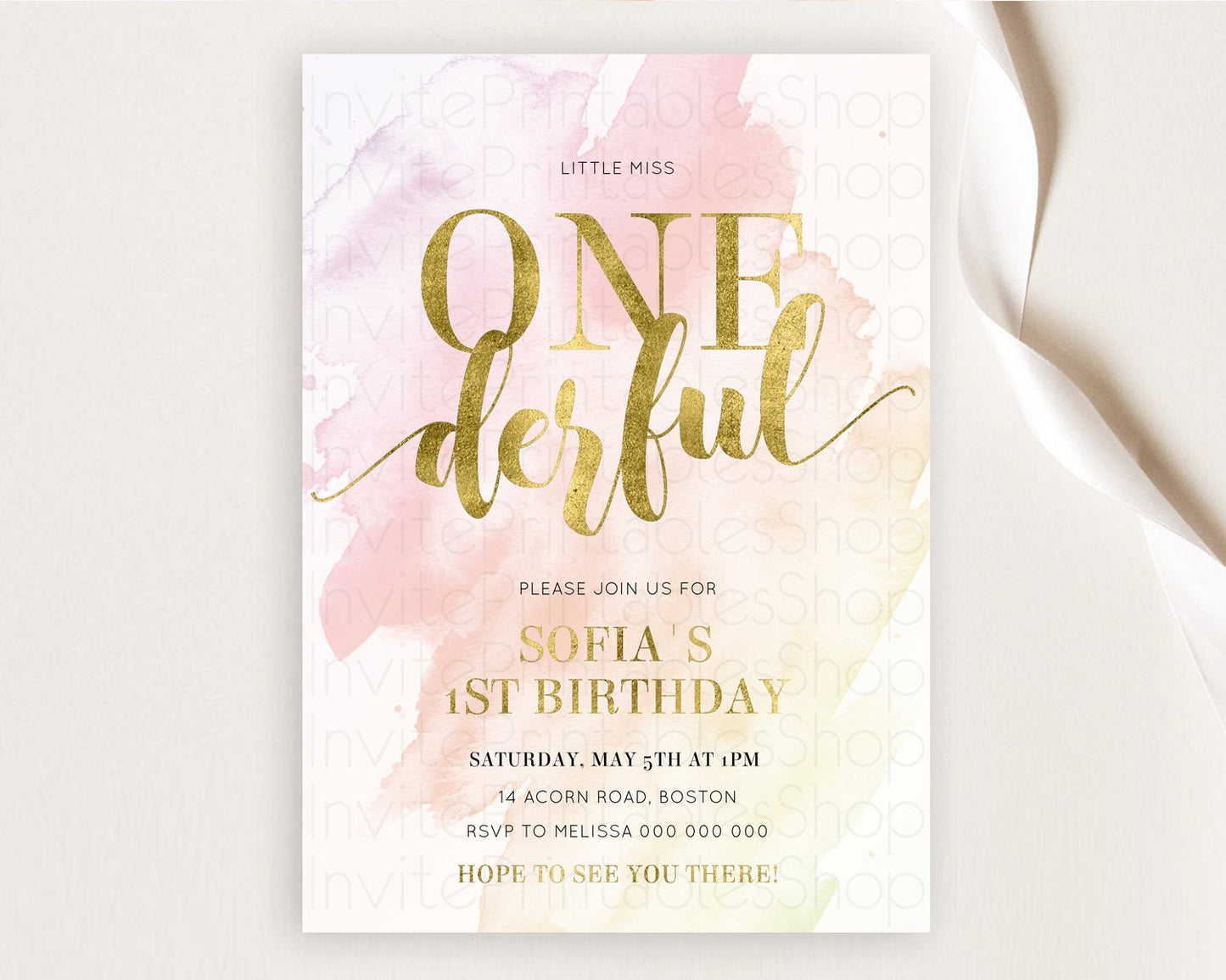 ONEderful Rainbow Birthday Invitation Colorful Pastel Watercolor Invitation Gold Glitter Sprinkles Ombre Pastel 1st Birthday D11025