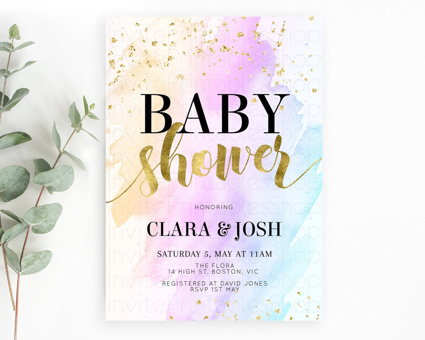 Pastel Baby Shower Invitation Rainbow Baby Shower Invitation Colorful Pastel Watercolor Invitation Gold Glitter Sprinkles Ombre D11027