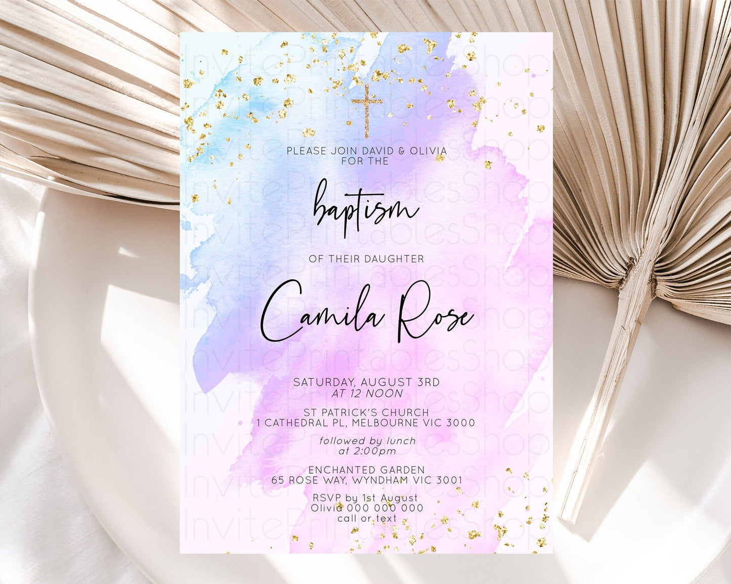 Purple Baptism Invitation Purple Watercolor Baptism Birthday Invitation Pastel Purple Watercolor Christening Invite Purple Splash D10169