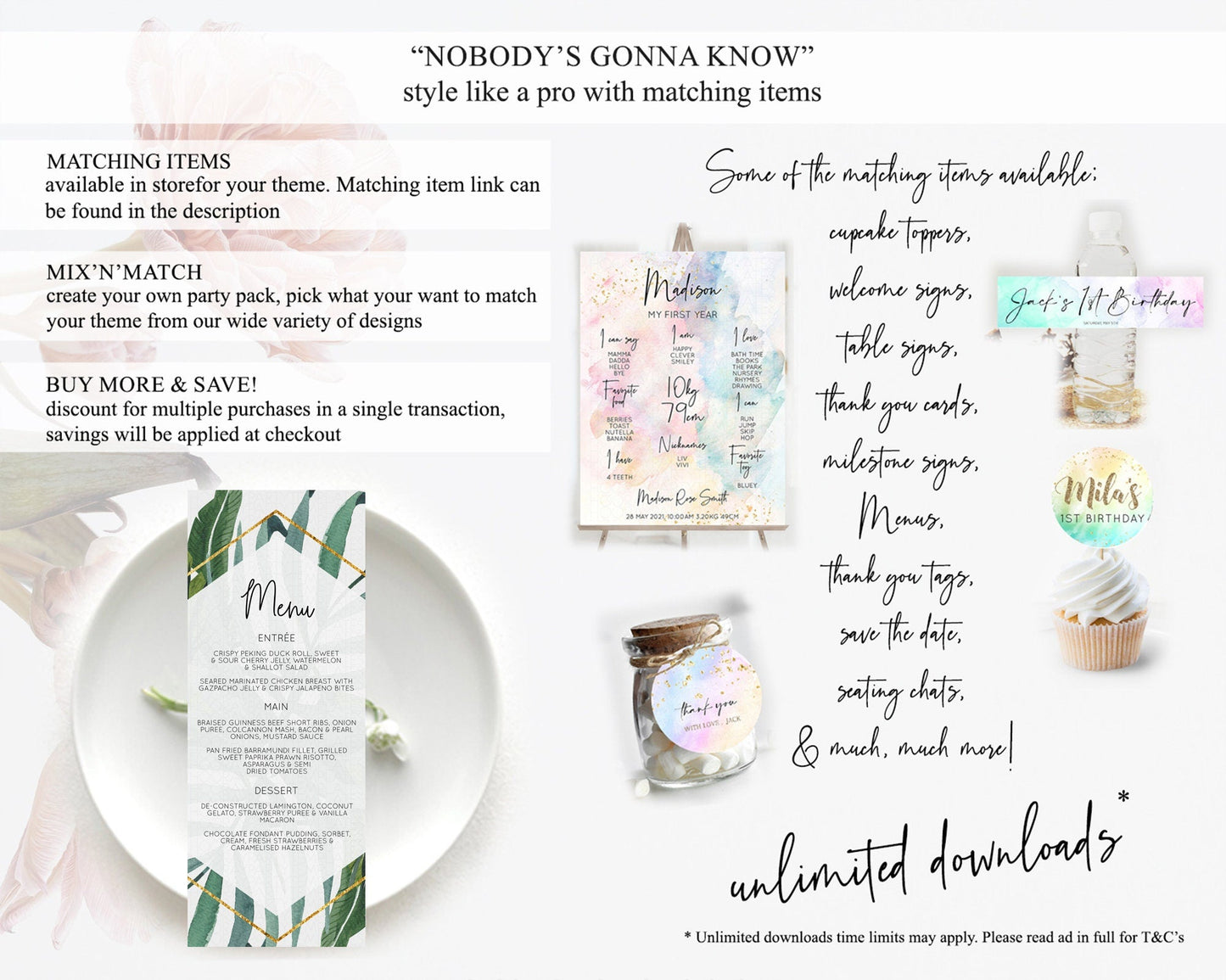 Tropical Menu Template Tropical Menu Palm Leaf Fern Table Decor Frangipani Floral White Orchid Dinner Dessert Menu Party Food Menu D11045